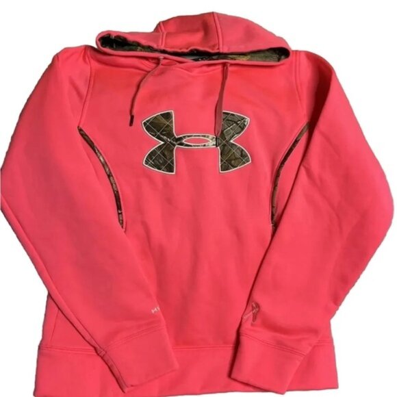 Under Armour Womens UA Rival Big Logo Hoodie Sz M Pink Camo Breast Cancer Storm - Picture 1 of 5